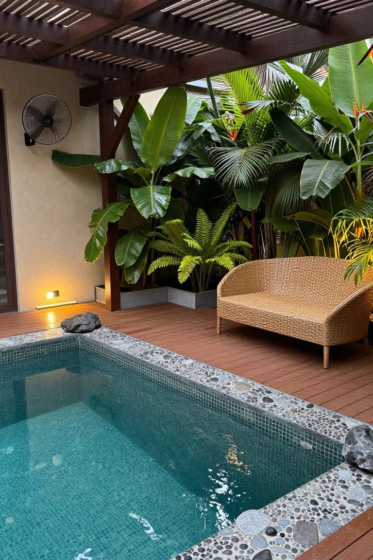 Small semi-inground pool with turquoise mosaic tiles and pebble-stone edging on a wooden deck, flanked by tropical plants, a rattan loveseat, and a wooden pergola.