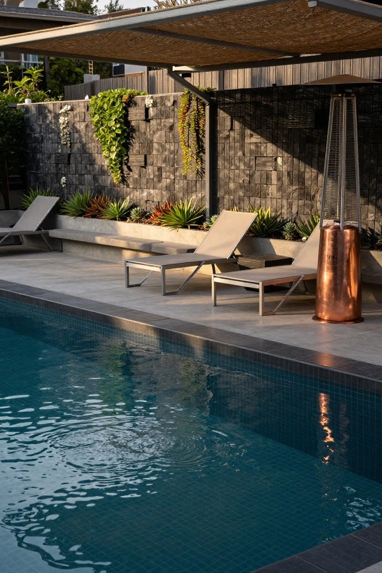 Rectangular turquoise tiled semi-inground pool with raised light gray concrete edge bench supporting two angled gray loungers, surrounded by potted agaves and aloe plants next to a tall copper patio heater, against a dark textured stone wall with climbing vines and white flowers.