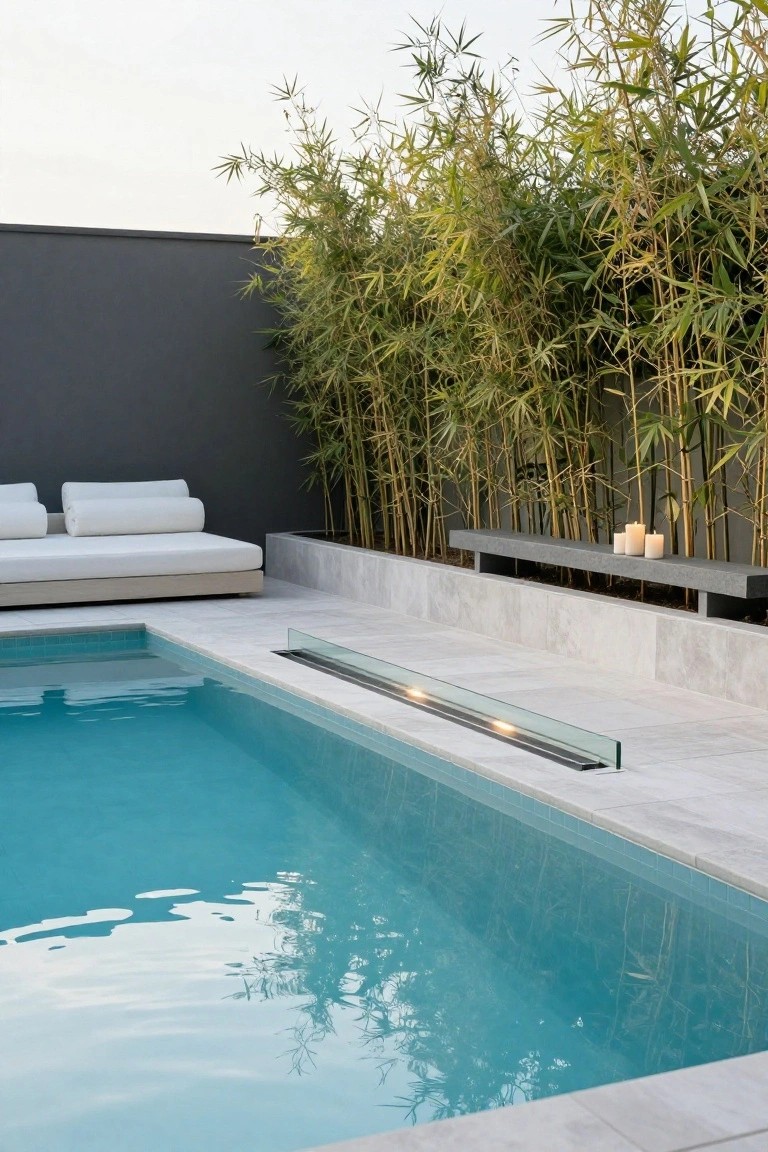Narrow turquoise inground pool with linear glass-enclosed fire trough along the edge, gray stone decking, white lounge cushions on a low sofa, concrete bench with white candles, and dense green bamboo screen against a dark wall.
