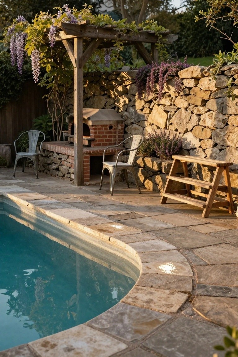 Semi-inground turquoise pool along a stone-paved patio with brick wood oven, metal chairs, wooden pergola draped in purple wisteria, ladder shelf, and stone retaining wall in a backyard garden.