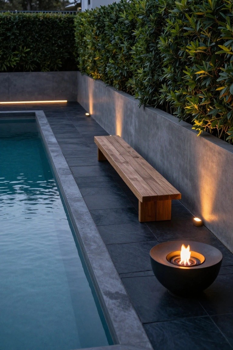 Narrow semi-inground pool with turquoise water and black tile edging, wooden bench against gray concrete retaining wall, black bowl-shaped fire pit with flame on black tile patio, green hedges along the wall, and low LED uplights.