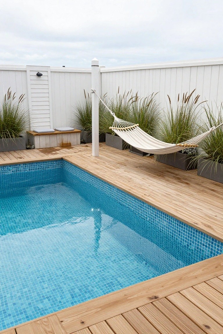 Small semi-inground pool with blue mosaic tiles and wooden deck surround, white hammock hung from post amid potted grasses, white slatted fence, and bench nearby.