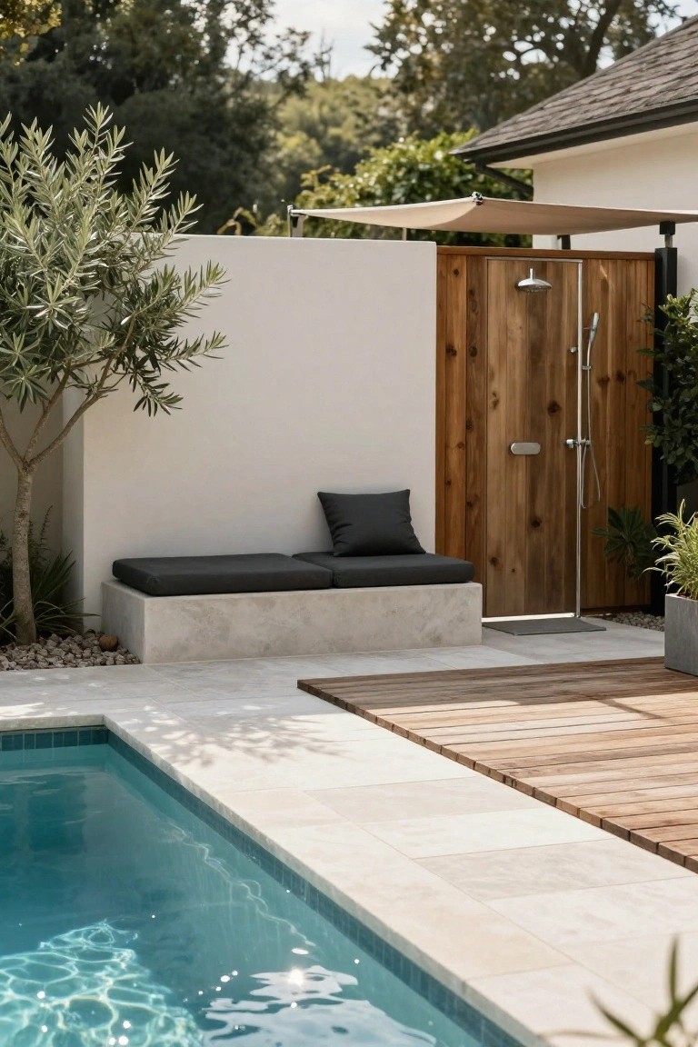 Small semi-inground pool beside a wooden outdoor shower enclosure with a rain showerhead, bench seat on a stone base, plants, and adjacent wooden deck in a backyard.