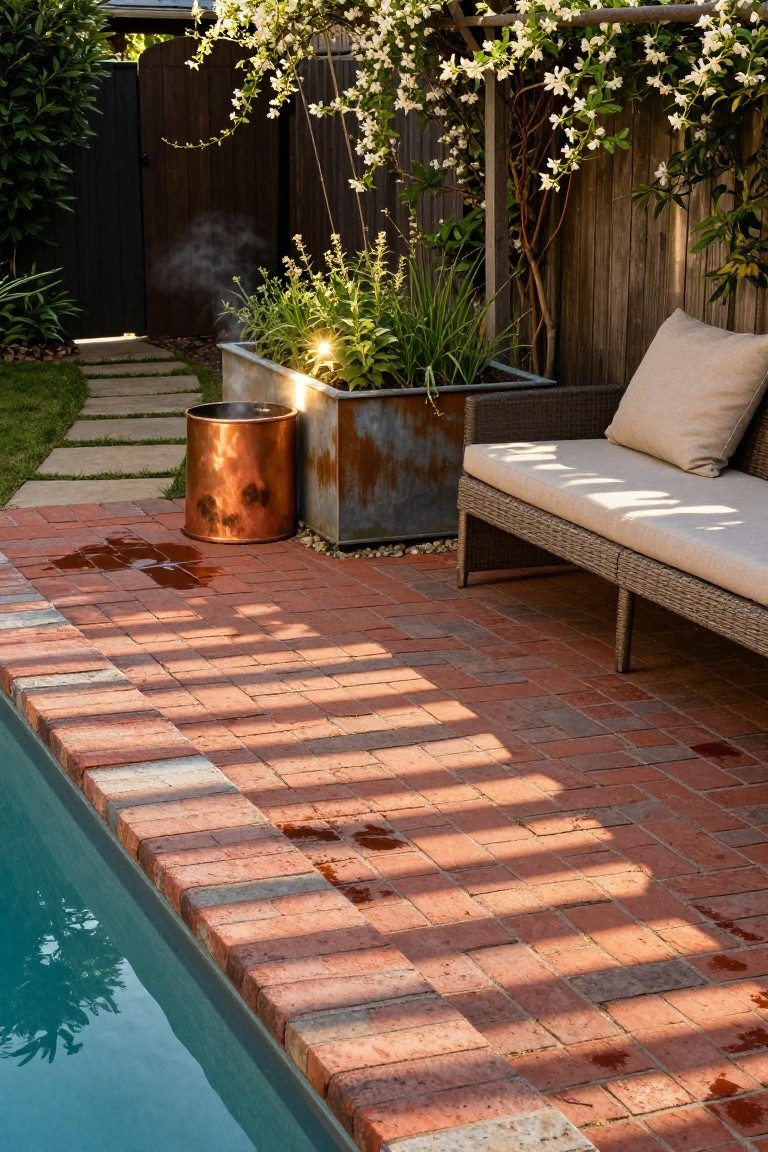 Semi-inground turquoise pool edged with red brick pavers, next to a beige wicker sofa with cushions, rusted metal planter with grasses, copper bucket on the patio, and white flowering vines climbing a wooden trellis and fence in a backyard.