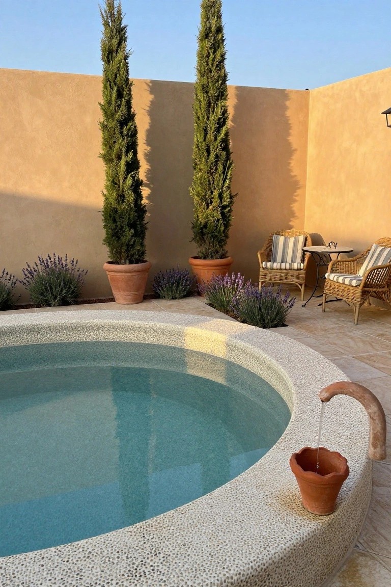 Small round semi-inground pool with turquoise water and pebble surround in a beige stucco-walled corner yard, adjacent to two wicker armchairs with striped cushions at a small metal table, flanked by potted lavender and tall cypress trees.