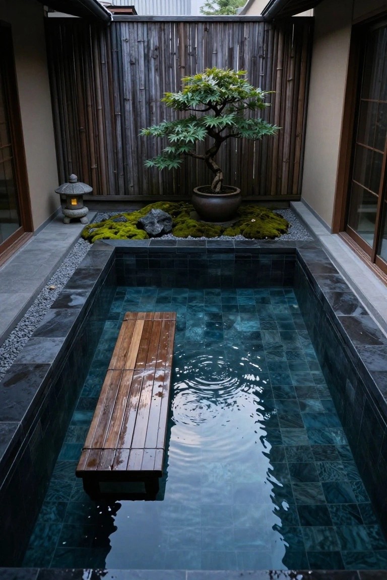 Small rectangular semi-inground pool with a wooden bench protruding into the center, surrounded by bamboo fencing, a bonsai tree in a pot, moss-covered rocks, pebbles, and a stone lantern in a courtyard setting.