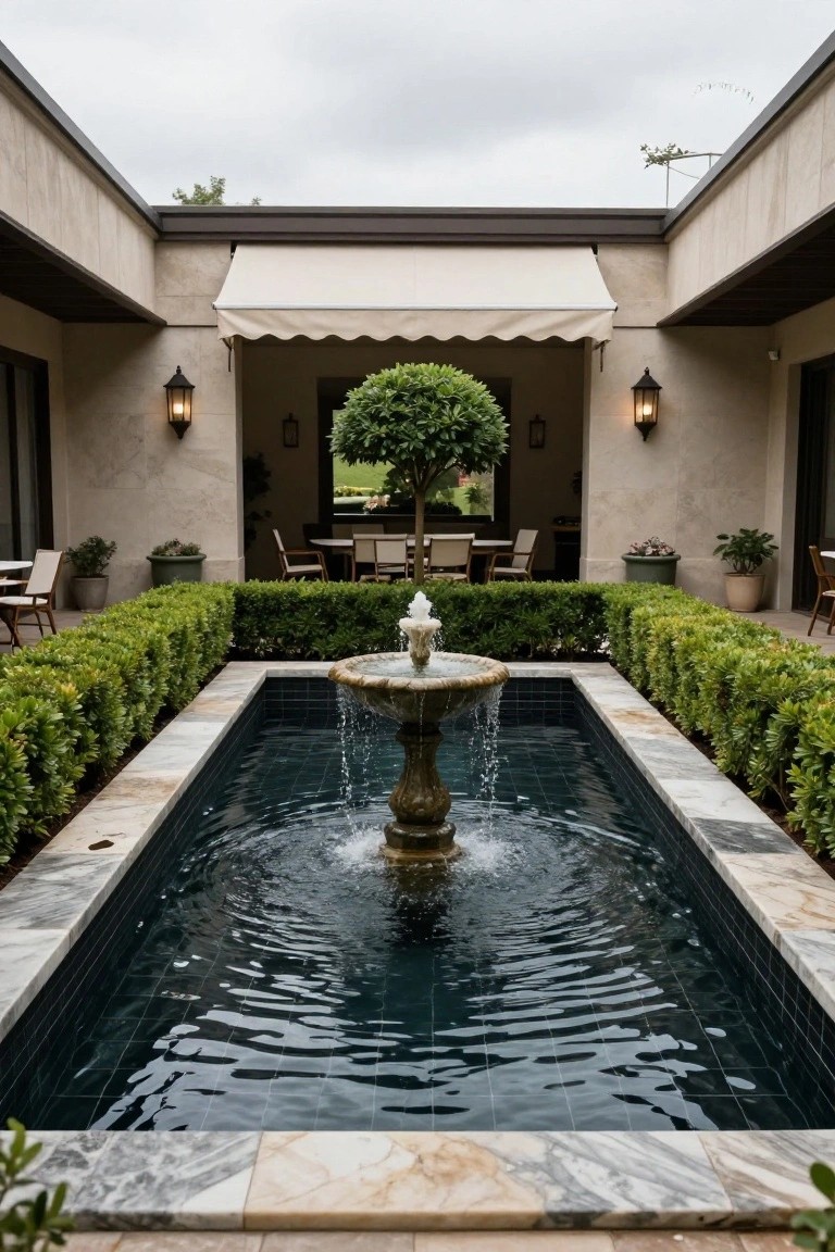 Narrow rectangular black-tiled pool with central stone fountain in a courtyard surrounded by boxwood hedges, stucco walls, lanterns, potted plants, and chairs.