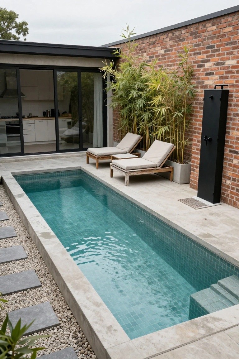 Narrow rectangular semi-inground pool with turquoise mosaic tiles in a compact courtyard, with two beige loungers, potted bamboo plants, black outdoor shower, pebble ground cover, and glass doors to white kitchen against brick wall.