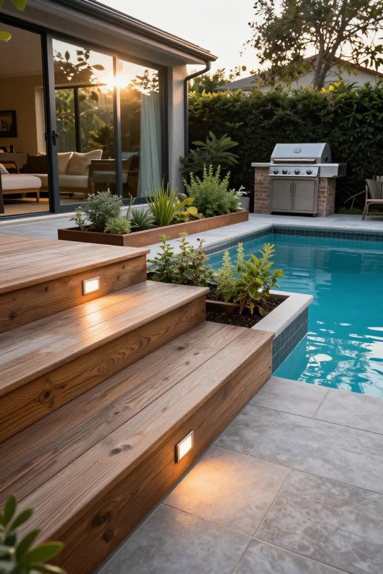 Backyard semi-inground pool in turquoise tile with adjacent wooden steps featuring built-in planter boxes, low-voltage lighting, tiled patio, barbecue grill, and surrounding greenery.