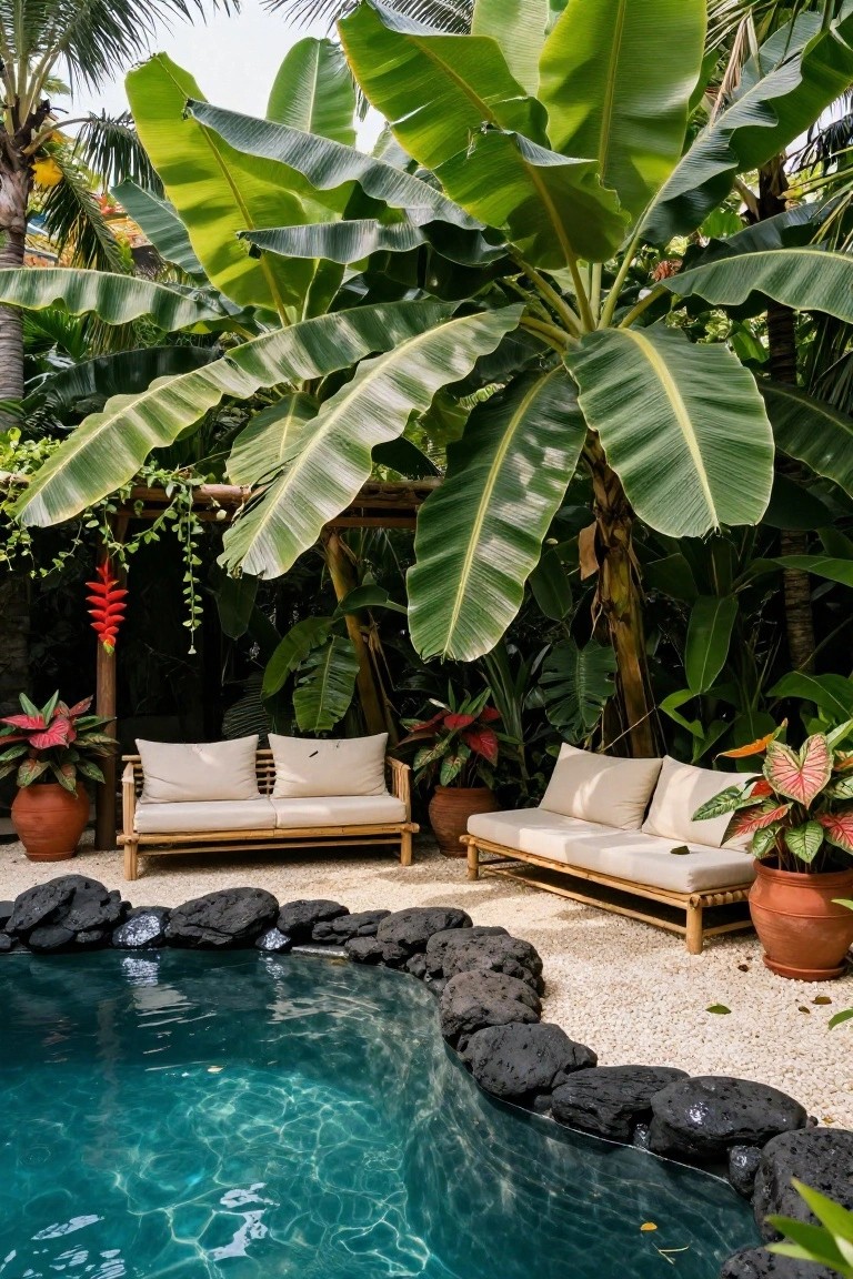 Curved turquoise pool edged with black rocks and white pebbles, surrounded by tall banana trees and tropical plants, with two bamboo daybeds with white cushions nearby.