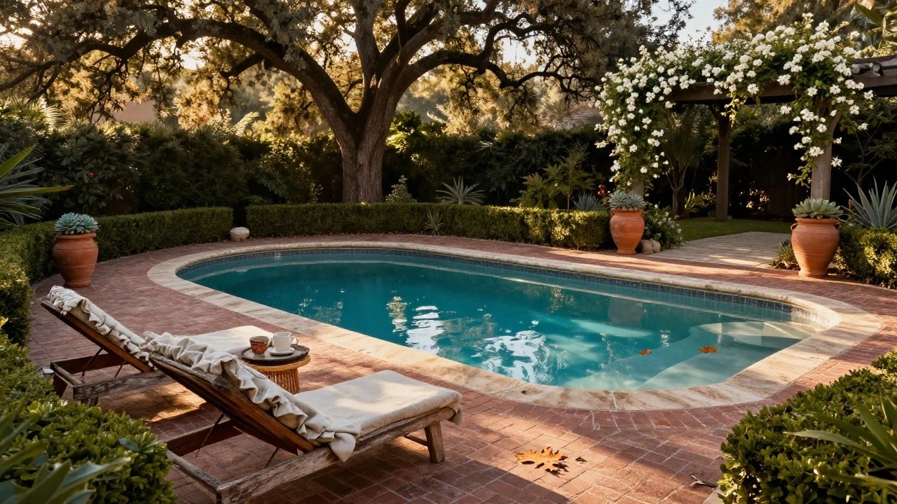 Turquoise pool bordered by terracotta pavers next to a wicker chaise lounge with beige ruffled cushions, a rattan side table with two coffee cups, potted plants, hedges, climbing white flowers on a pergola, and overhanging tree branches in late afternoon light.