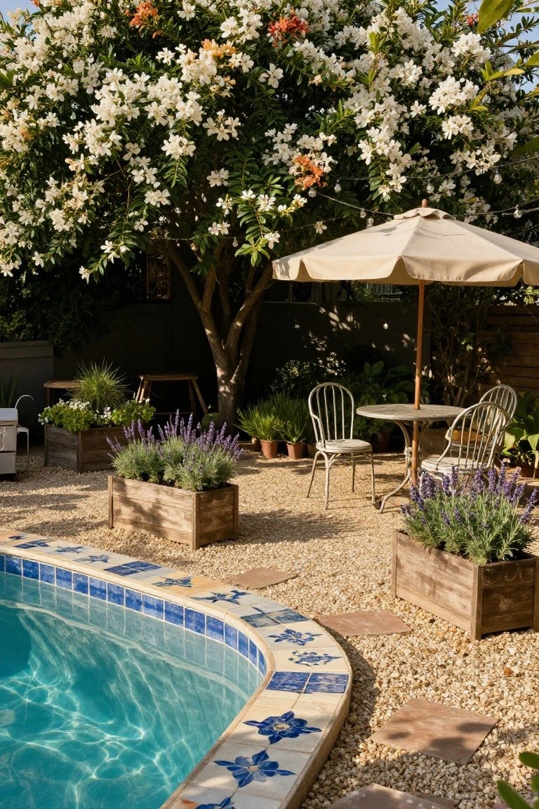 Backyard pool with blue and white tiled edge surrounded by gravel, wooden planters of lavender, beige umbrella over metal bistro table and chairs under large blooming gardenia tree.
