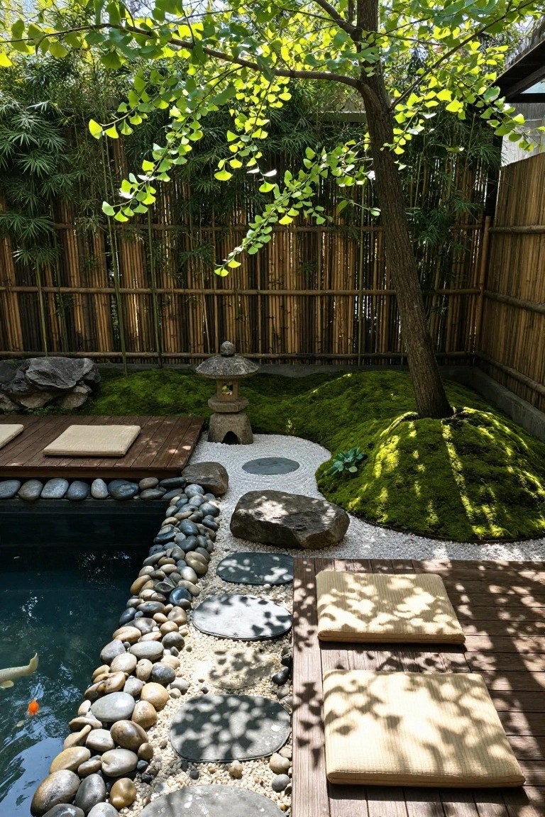 Japanese-style garden with koi pond lined in rocks, moss-covered hill and paths, stone lantern, bamboo fence, ginkgo tree with green leaves, and wooden deck platforms with beige cushions.