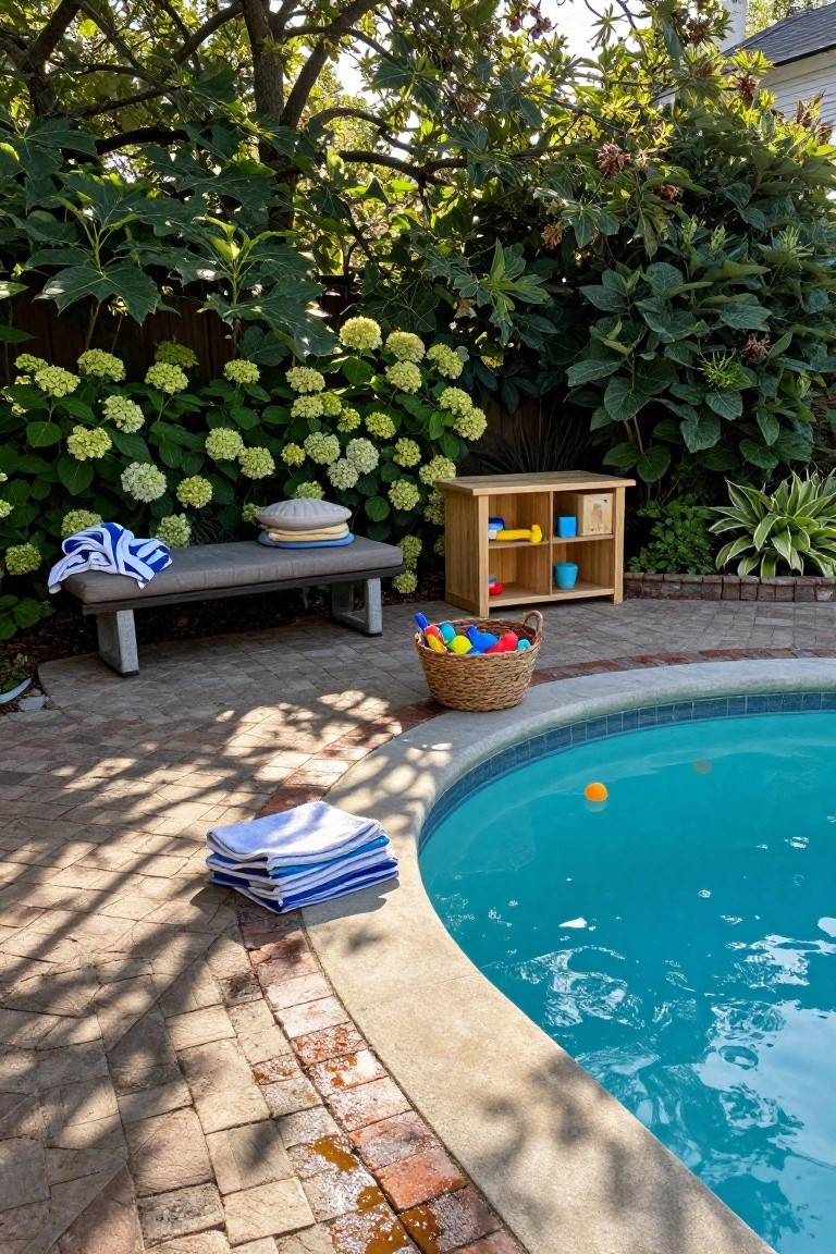 Curved turquoise swimming pool with brick paver decking, wooden bench with towels and cushions, wooden toy shelf, basket of colorful balls, and dense white hydrangea shrubs along the edge.