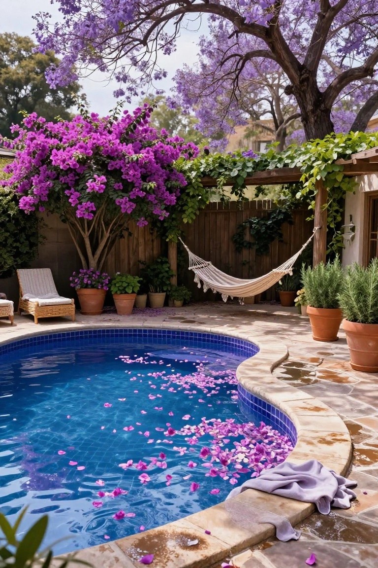 Curved blue-tiled pool with pink flower petals floating on the surface, purple jacaranda trees and bougainvillea bushes providing shade, hammock and lounge chairs nearby in a backyard patio area.