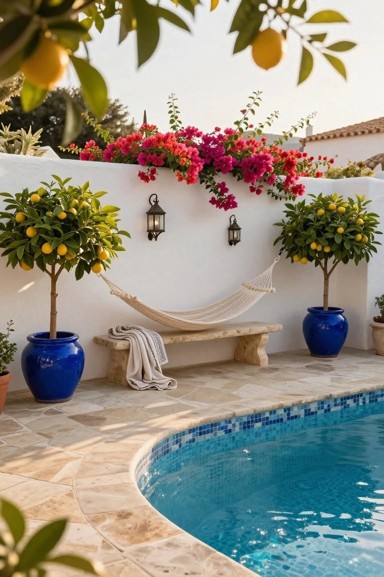 Poolside view showing a white hammock between two potted lemon trees in blue pots, a stone bench with a blanket, hanging lanterns on a white wall covered in pink bougainvillea, and a curved pool edge with blue mosaic tiles.