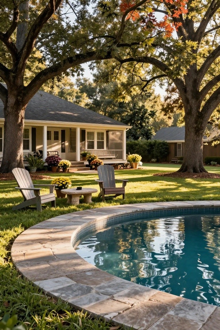 Curved stone-edged pool in a backyard surrounded by large oak trees with fall leaves, Adirondack chairs and a stone table on the grass, potted plants and chrysanthemums, and a beige house with porch visible behind.
