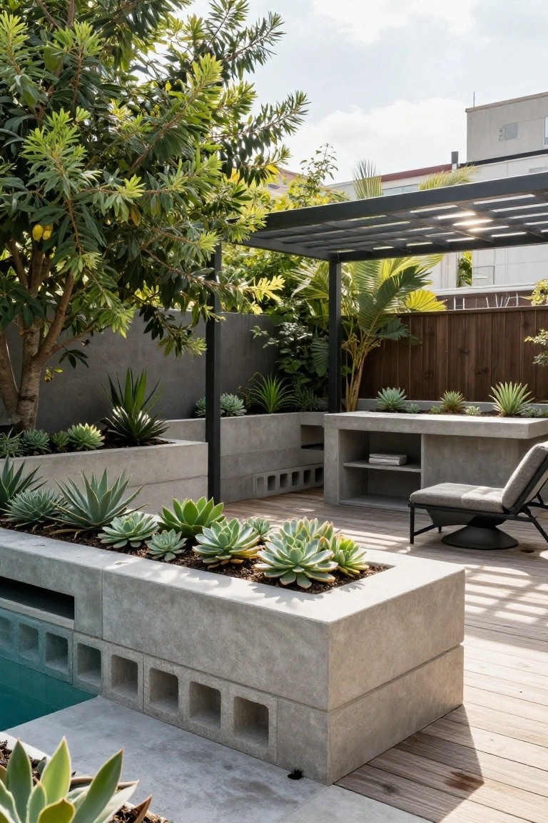 Poolside outdoor area featuring gray concrete block planters with agave and succulent plants, a gray lounge chair on wooden decking next to the pool, shaded by a large green tree and black metal pergola structure.