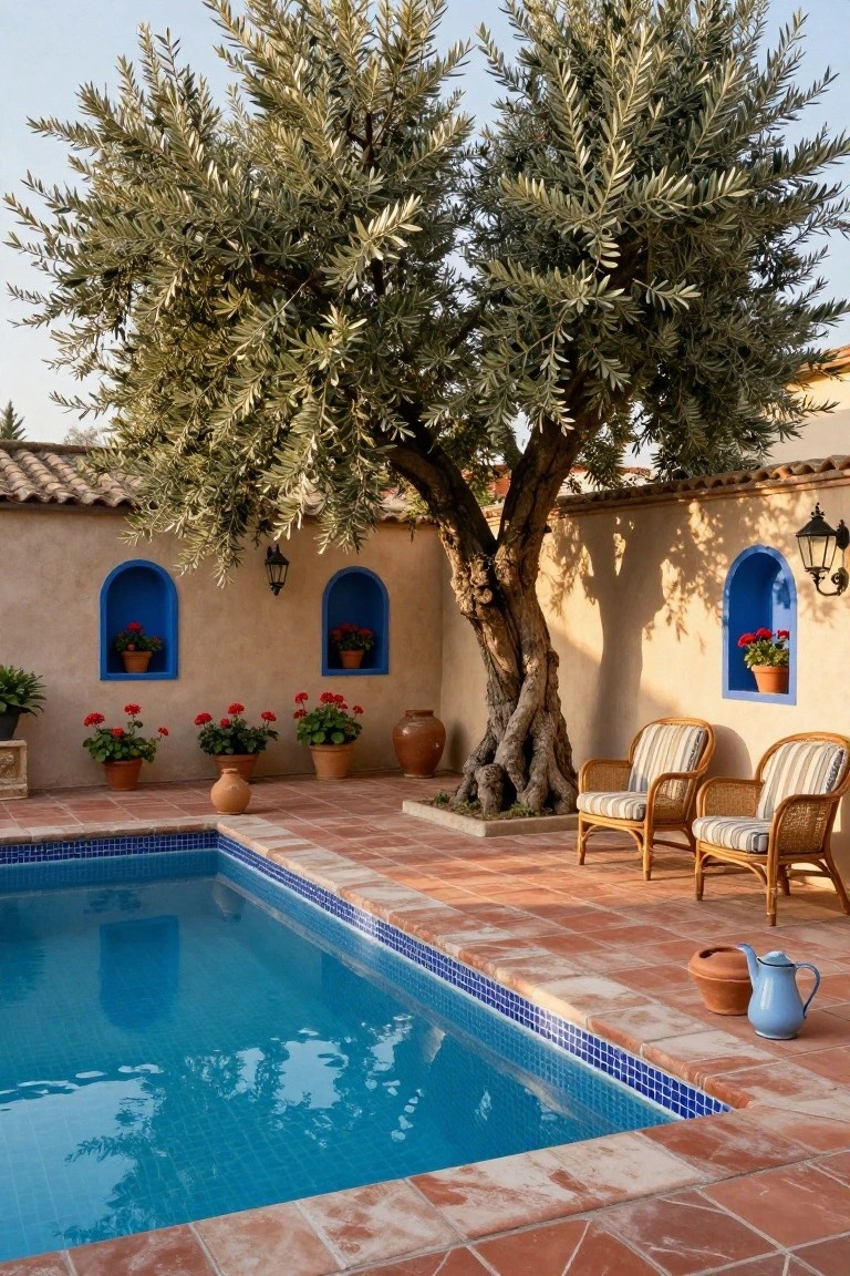 Two large olive trees shading a rectangular blue-tiled pool in a terracotta-paved courtyard with adobe walls, blue arched niches holding red geraniums, wicker chairs, and lanterns.