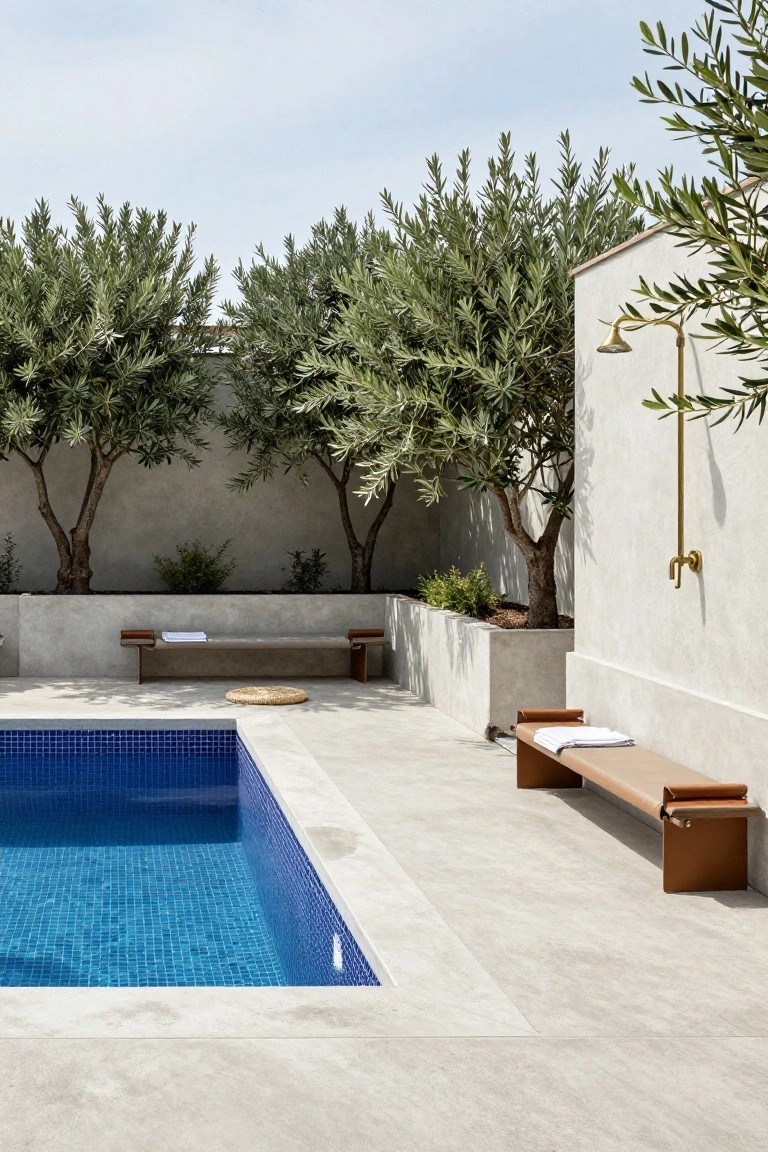 Blue mosaic-tiled pool in a concrete-paved outdoor area surrounded by several olive trees, with wooden benches draped in white towels, a round woven mat on the ground, potted plants, and a brass outdoor shower on a white wall.