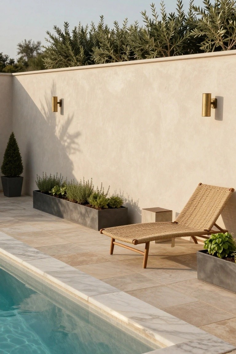 Beige stucco wall topped with olive tree hedge beside a pool, with a woven rope lounger chair, black rectangular planters containing herbs and plants, and brass wall sconces mounted on the wall.