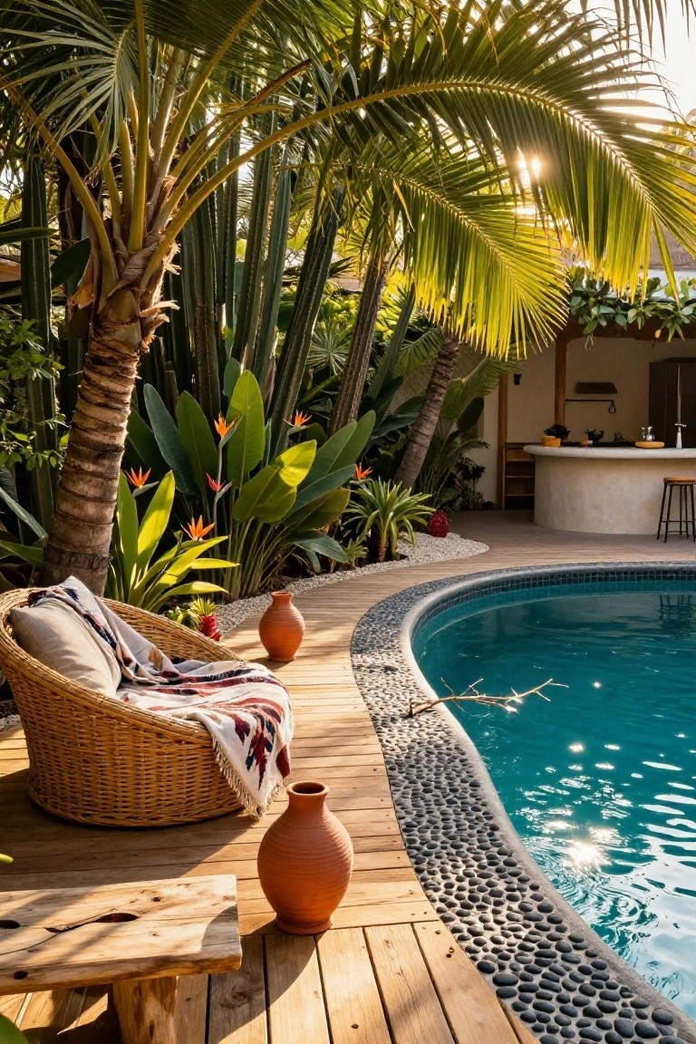 Curved turquoise pool edged in black pebbles on a wooden deck, with a wicker lounge chair draped in a colorful blanket, terracotta pots, and tall palm trees and tropical plants surrounding the area.