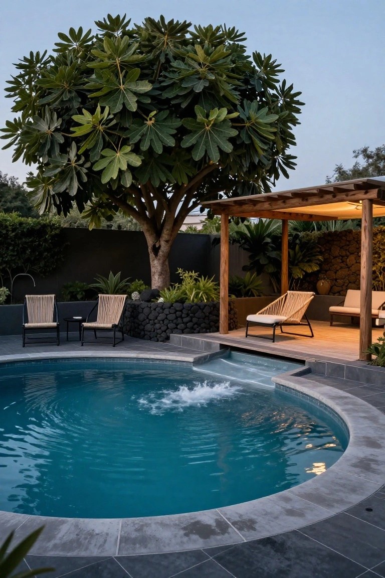 Curved blue pool with bubbling water feature, adjacent elevated wooden pergola shaded by a large tree with broad green leaves, rattan chairs on dark decking surrounded by black rock landscaping and tropical plants.
