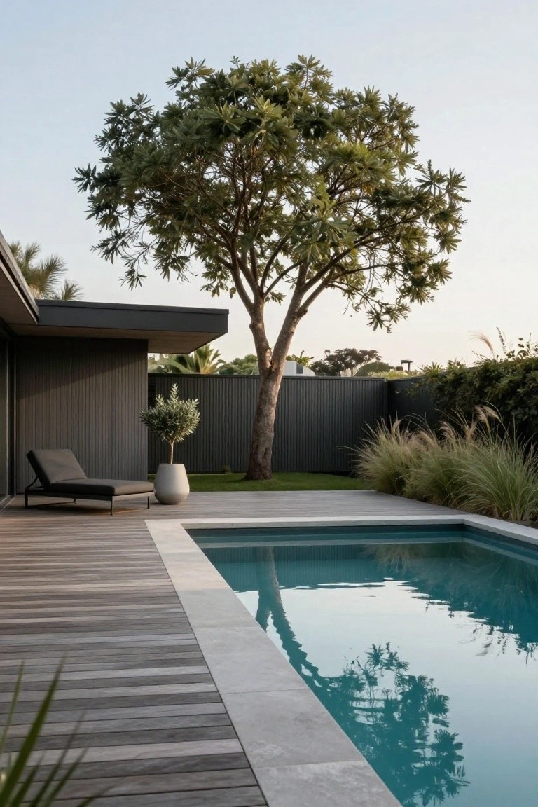 Wooden deck beside a rectangular turquoise pool with a black lounge chair, potted olive tree, tall tree with whorled branches, ornamental grasses, black vertical fence, and nearby house exterior.