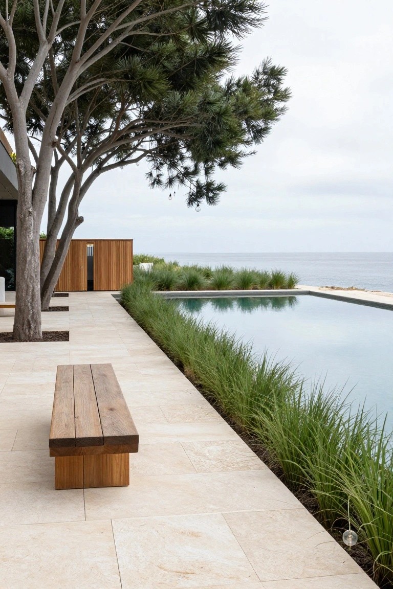 Tiled walkway beside an infinity-edge pool with a wooden bench, flanked by tall grasses and shaded by large pine trees, with a wooden enclosure and ocean view in the background.