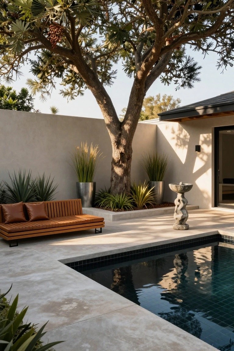 Modern poolside lounge area featuring a large fan palm tree shading an orange leather daybed, with pampas grass in a metal pot, agave plants, a stone birdbath sculpture, and a small dark-tiled pool next to a beige stucco wall and glass door.