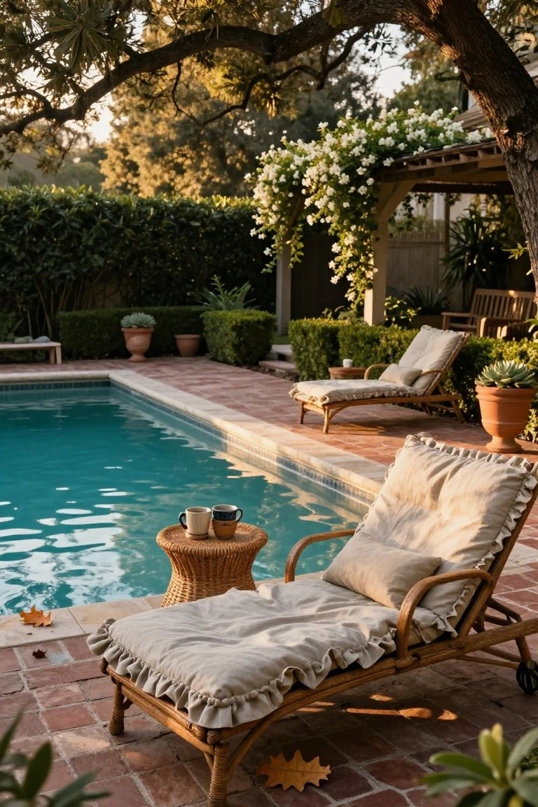 Turquoise pool bordered by terracotta pavers next to a wicker chaise lounge with beige ruffled cushions, a rattan side table with two coffee cups, potted plants, hedges, climbing white flowers on a pergola, and overhanging tree branches in late afternoon light.