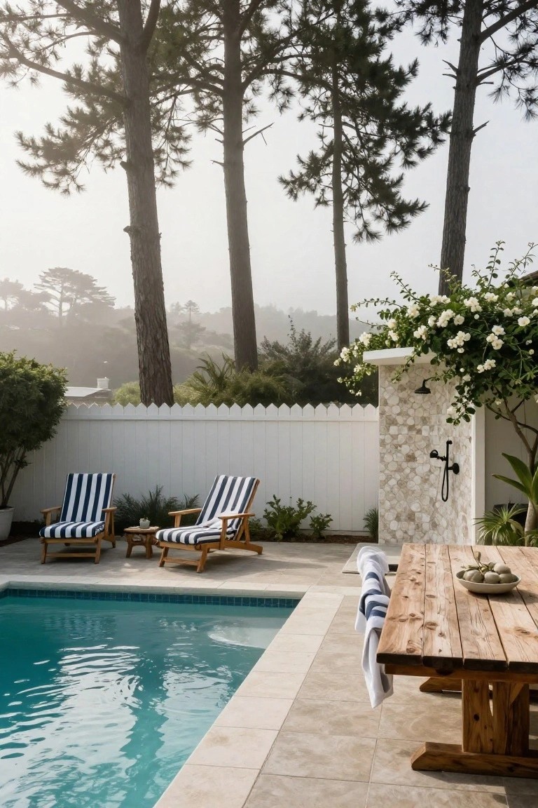 Poolside area with two blue striped wooden lounge chairs, wooden dining table with towels and bowl, outdoor shower on tiled wall, white picket fence, climbing white roses, potted plants, and tall pine trees in foggy background.