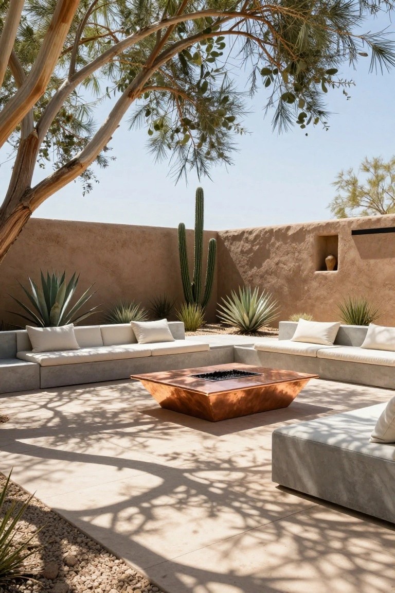 Outdoor courtyard with L-shaped concrete benches and white cushions around a square copper fire pit, desert plants including agaves and a tall cactus against textured adobe walls, shaded by a large tree with light bark.