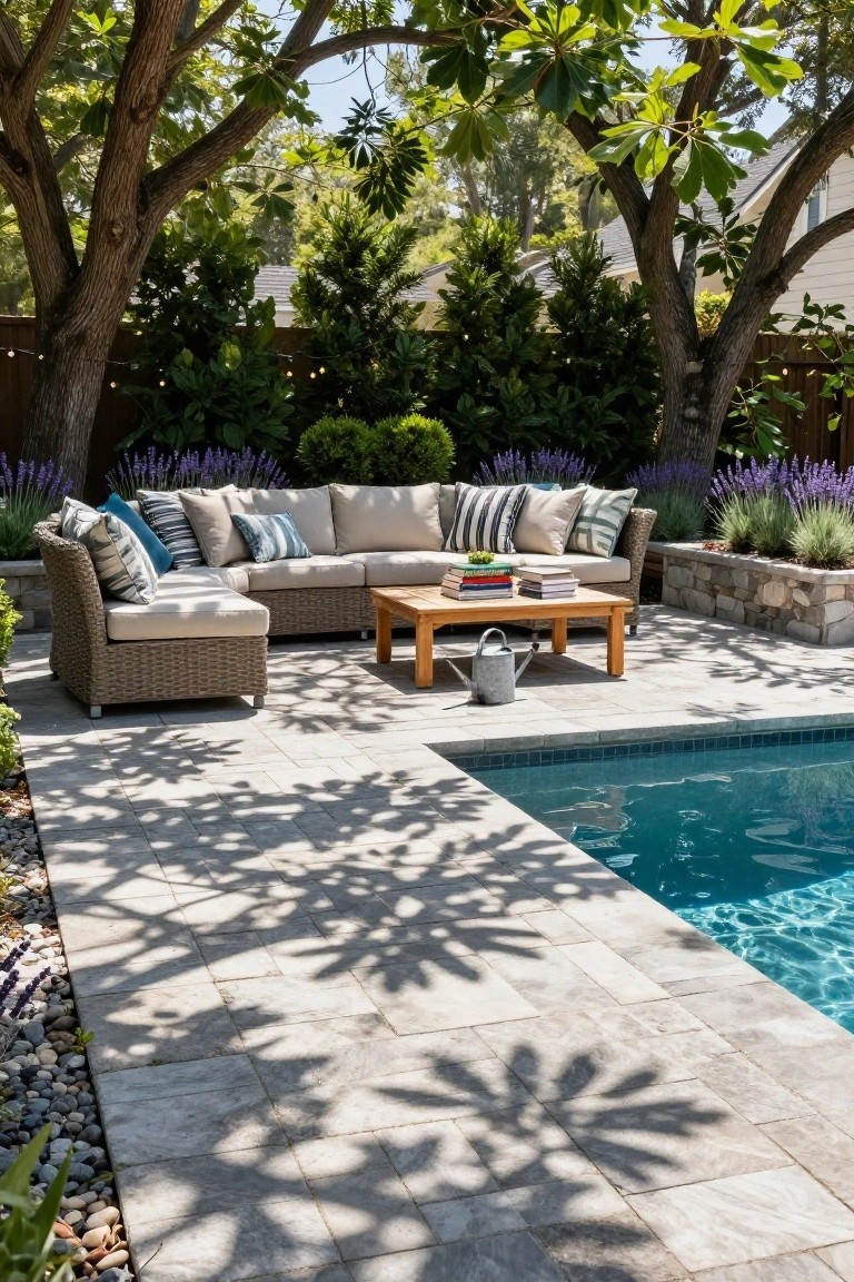 Gray paver patio with beige wicker sectional sofa, striped pillows, wooden coffee table, metal watering can, and lavender plants next to a small blue pool, under large trees casting shadows, with shrubs and fence in the background.