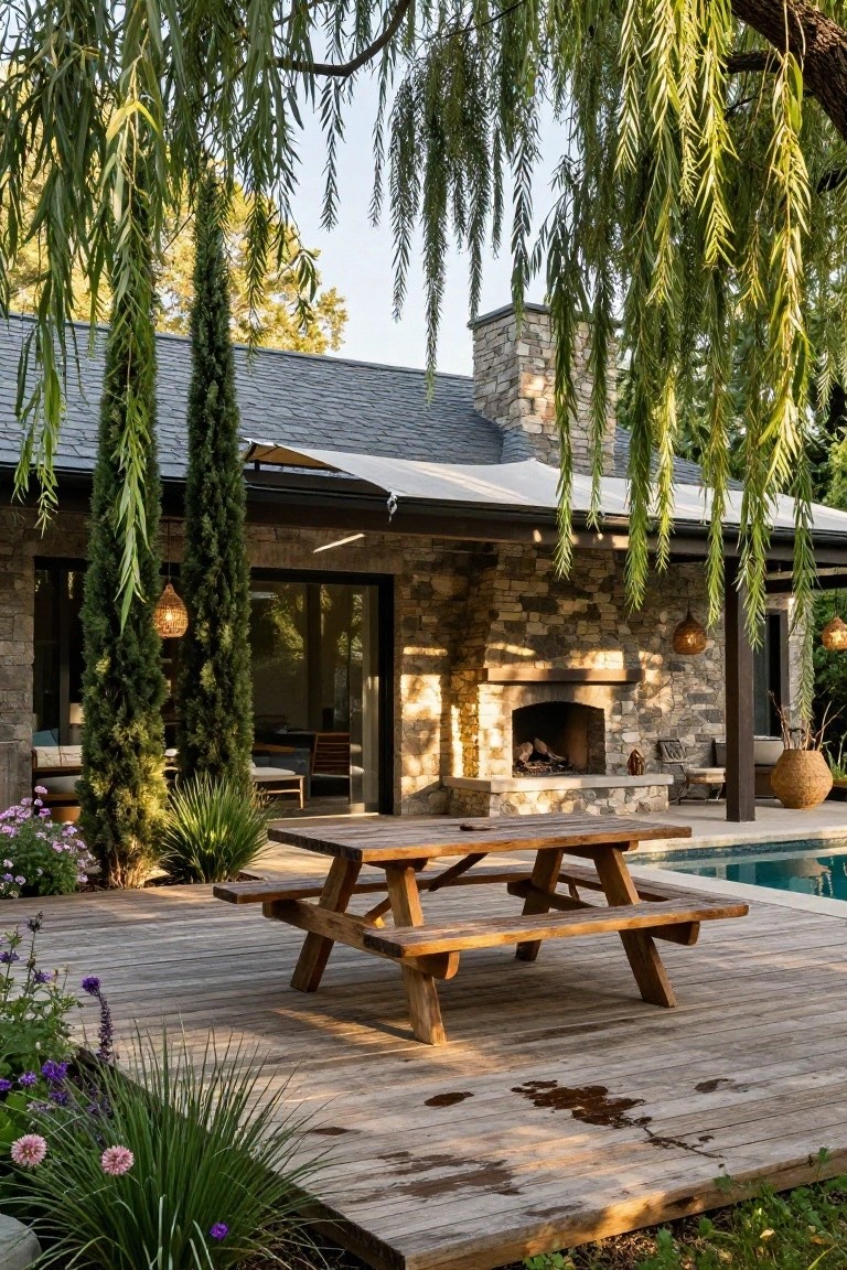 Wooden deck beside a pool with a picnic table under draping branches of weeping willow trees, stone house exterior with outdoor fireplace and potted plants nearby.