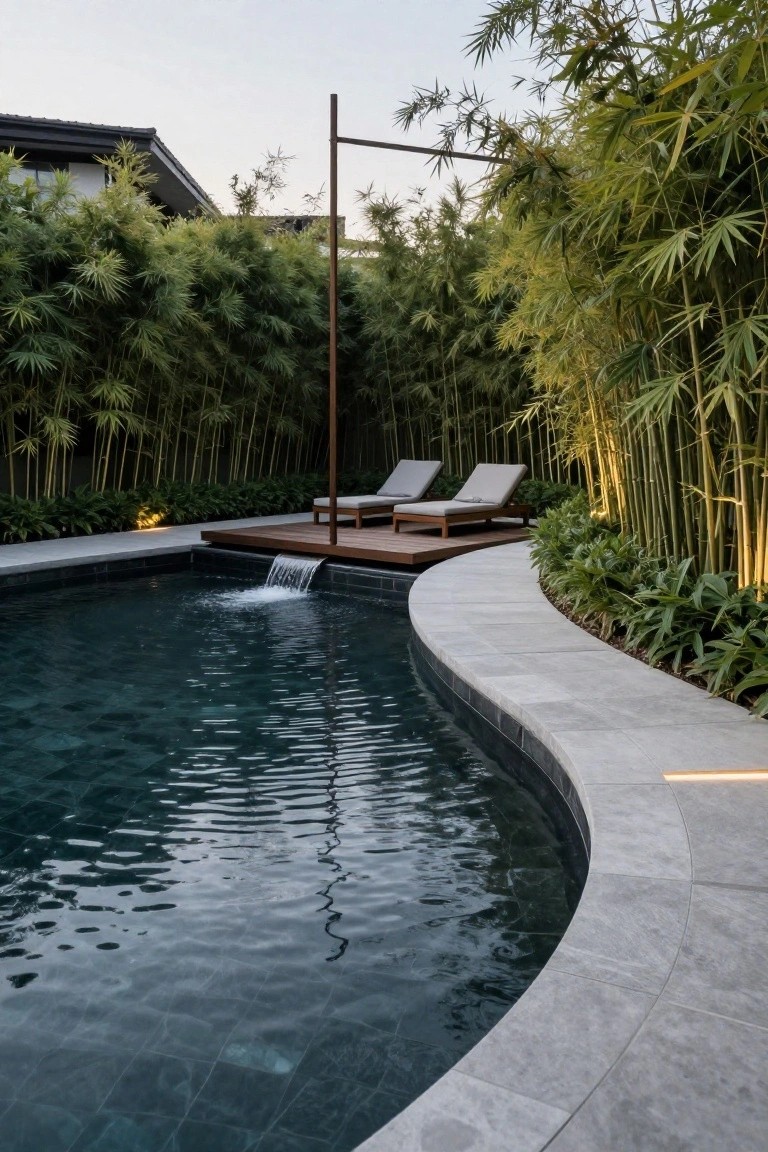 22 Creative Freeform Inground Pool Ideas For Natural Flow Curved inground pool with dark tiled interior, gray stone coping, wooden deck platform holding two loungers, water cascade from deck into pool, surrounded by dense bamboo plants and lit ground lights.