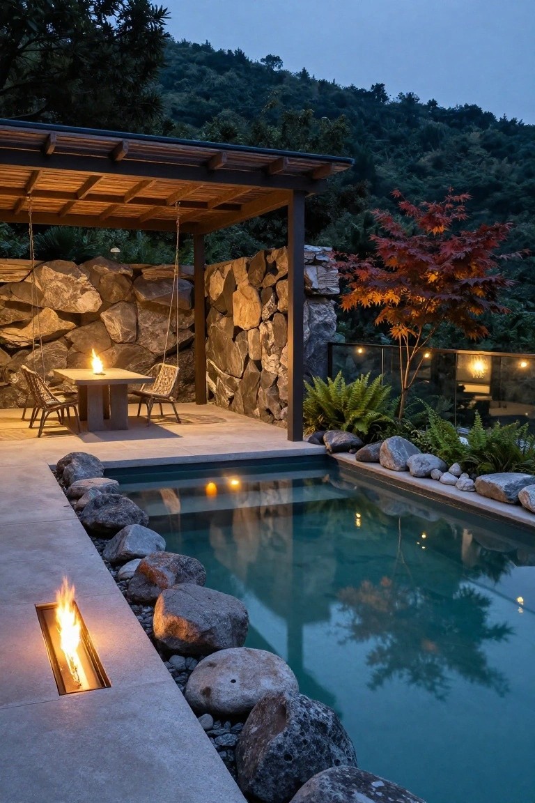 22 Creative Freeform Inground Pool Ideas For Natural Flow Freeform inground pool edged with large natural boulders and smaller stones, linear fire feature along one tiled edge, concrete table with rattan chairs under wooden pergola nearby, stone walls, ferns, red maple tree, and forested hillside at dusk.