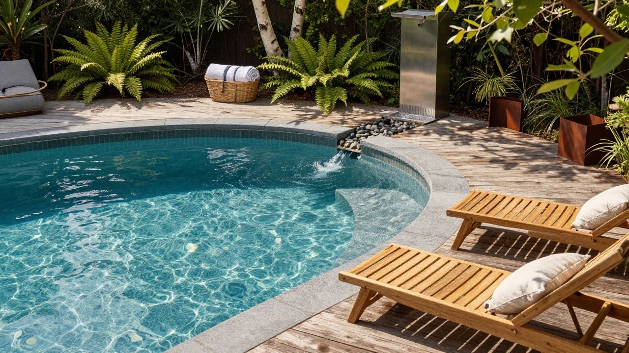 Curved turquoise inground pool with travertine tile edging and surrounding wooden deck, green slatted lounge chairs with towels, tropical plants, a metal outdoor shower, and wicker basket on the deck.