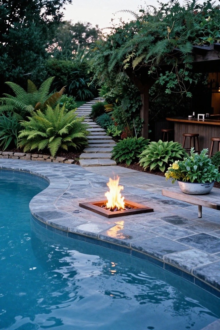 22 Creative Freeform Inground Pool Ideas For Natural Flow Freeform inground pool with rectangular wood-framed fire pit embedded in gray stone decking at the edge, lush tropical plants and stone steps leading to wooden outdoor bar.