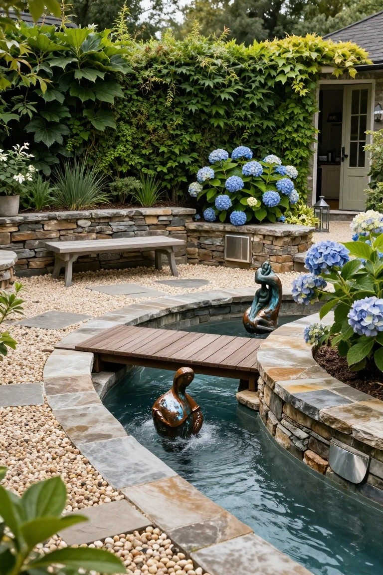 22 Creative Freeform Inground Pool Ideas For Natural Flow Curved inground water channel with turquoise water flowing under a wooden bridge, edged by stone walls and gravel paths, surrounded by hydrangea bushes, sculptures, a bench, and green foliage in a garden.