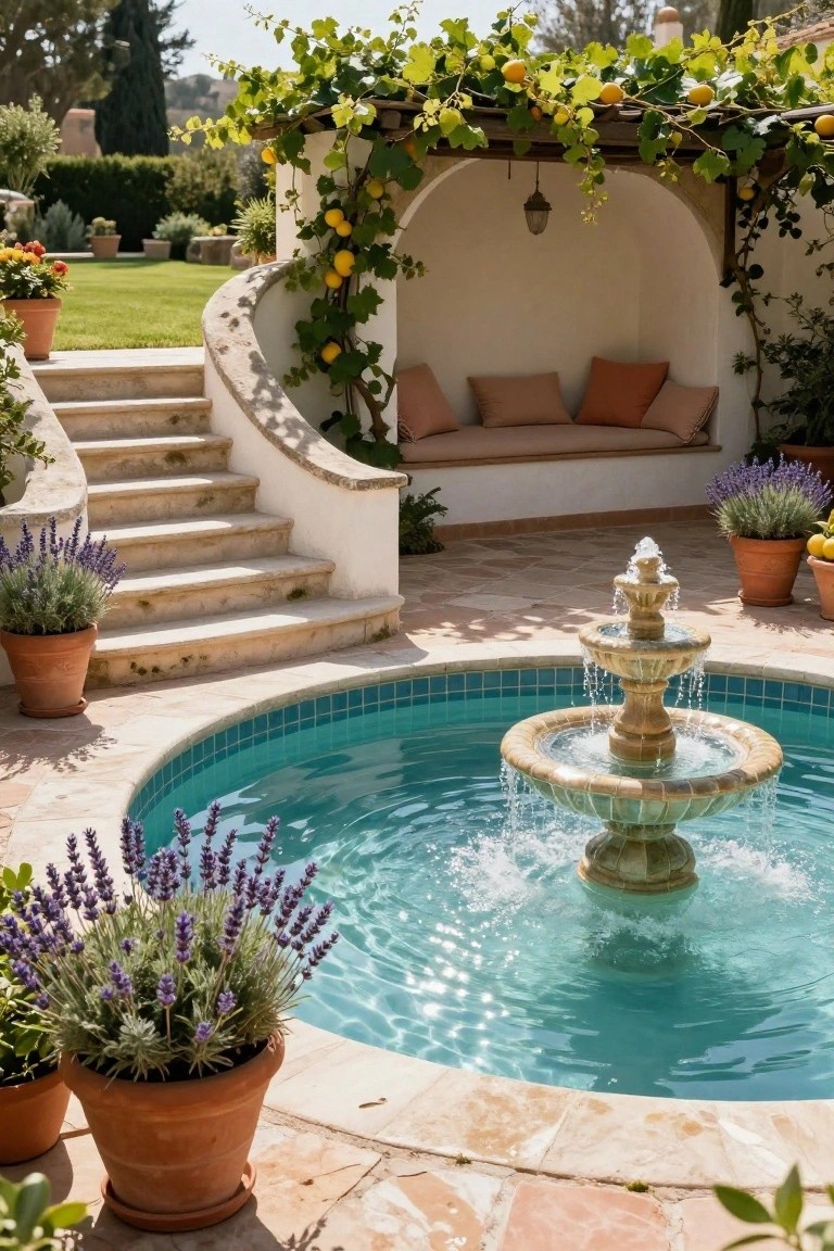 22 Creative Freeform Inground Pool Ideas For Natural Flow Curved blue-tiled inground pool with central tiered stone fountain, edged by terracotta pots of lavender, stone steps, and a white arched vine-covered seating nook with cushions in a garden setting.