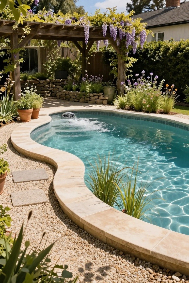 22 Creative Freeform Inground Pool Ideas For Natural Flow Curved freeform inground pool with turquoise water and bubbling fountain, edged in beige stone coping, surrounded by gravel ground cover, potted plants, ornamental grasses, and a wooden pergola draped in purple wisteria in a backyard garden.