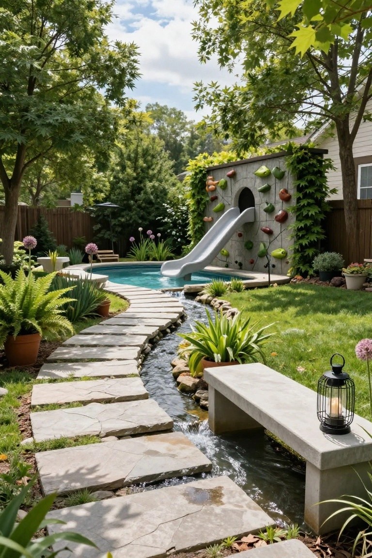 22 Creative Freeform Inground Pool Ideas For Natural Flow Backyard freeform inground pool with a gray slide emerging from a concrete wall decorated with green watermelon sculptures, lush plants and trees surrounding, a stone stepping path over a flowing stream, concrete bench, and lantern nearby.