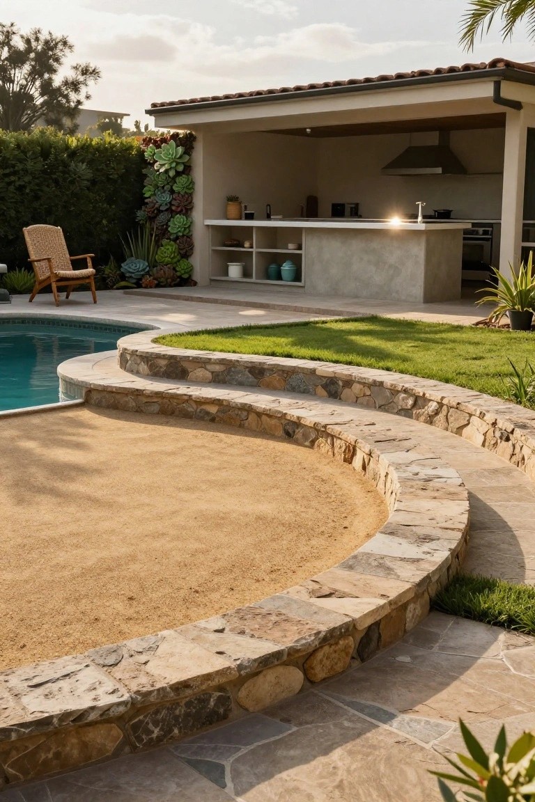 22 Creative Freeform Inground Pool Ideas For Natural Flow Freeform inground pool with curved sandy beach entry edged by stacked stone walls, next to grass, plants, and an outdoor kitchen structure.