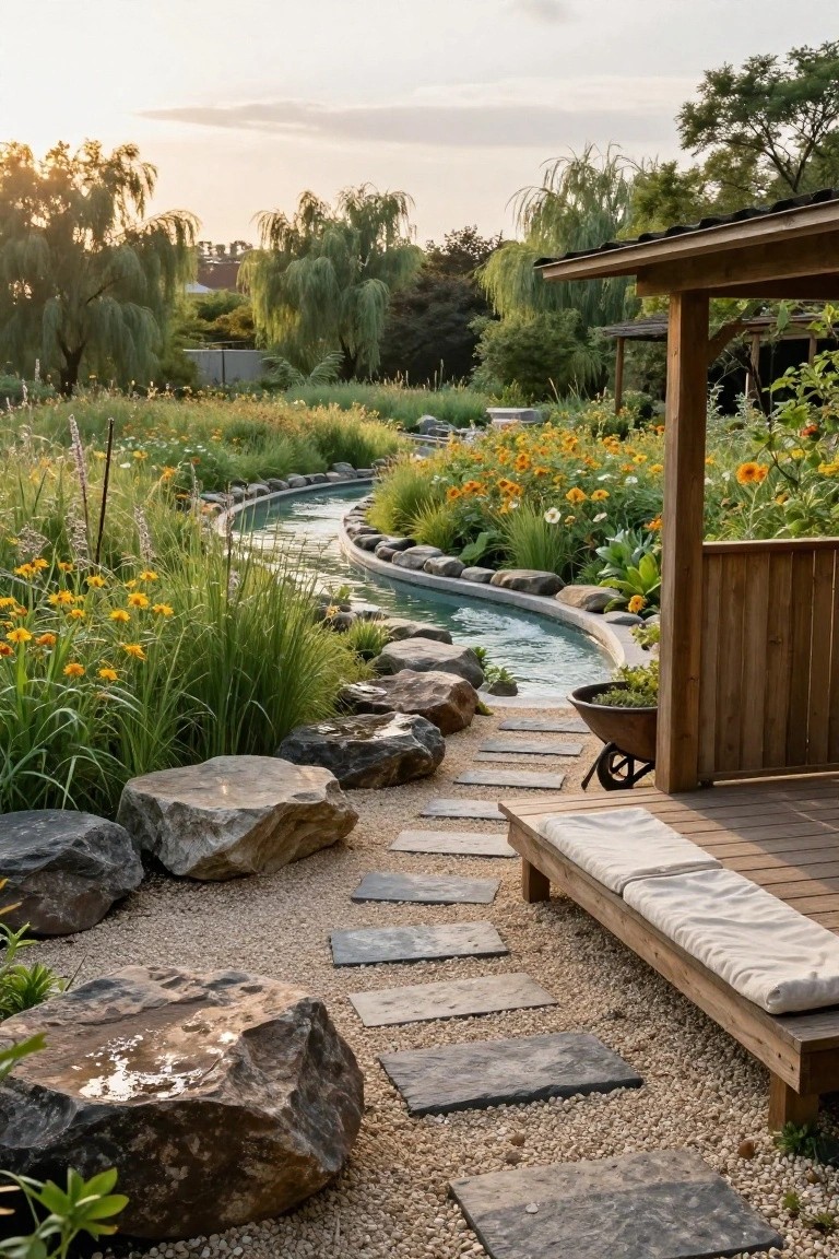 22 Creative Freeform Inground Pool Ideas For Natural Flow A curving freeform inground pool mimicking a natural stream flows through a garden with tall grasses, orange black-eyed Susans, large rocks along the edges, a gravel path with flat stone steps, and a wooden pavilion with cushions nearby.