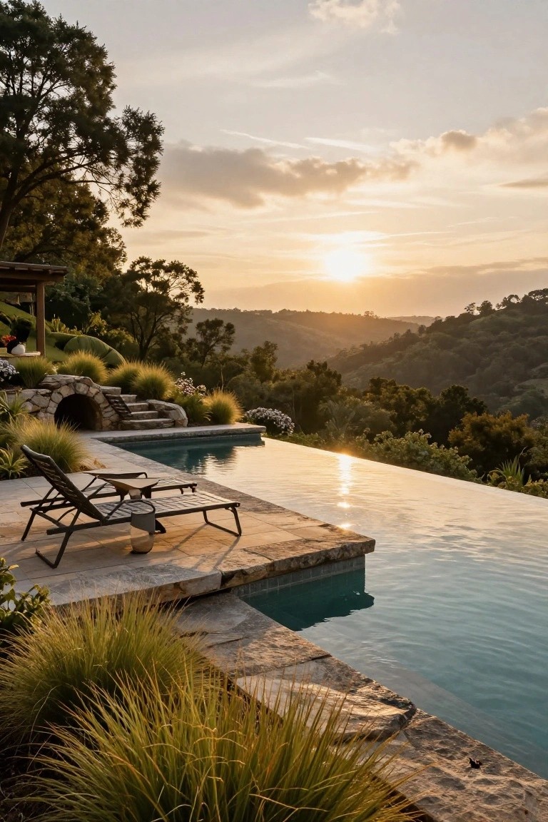 22 Creative Freeform Inground Pool Ideas For Natural Flow Freeform infinity-edge inground pool on a stone terrace deck with black metal lounge chairs, surrounded by ornamental grasses and stone walls, overlooking wooded hills at sunset.