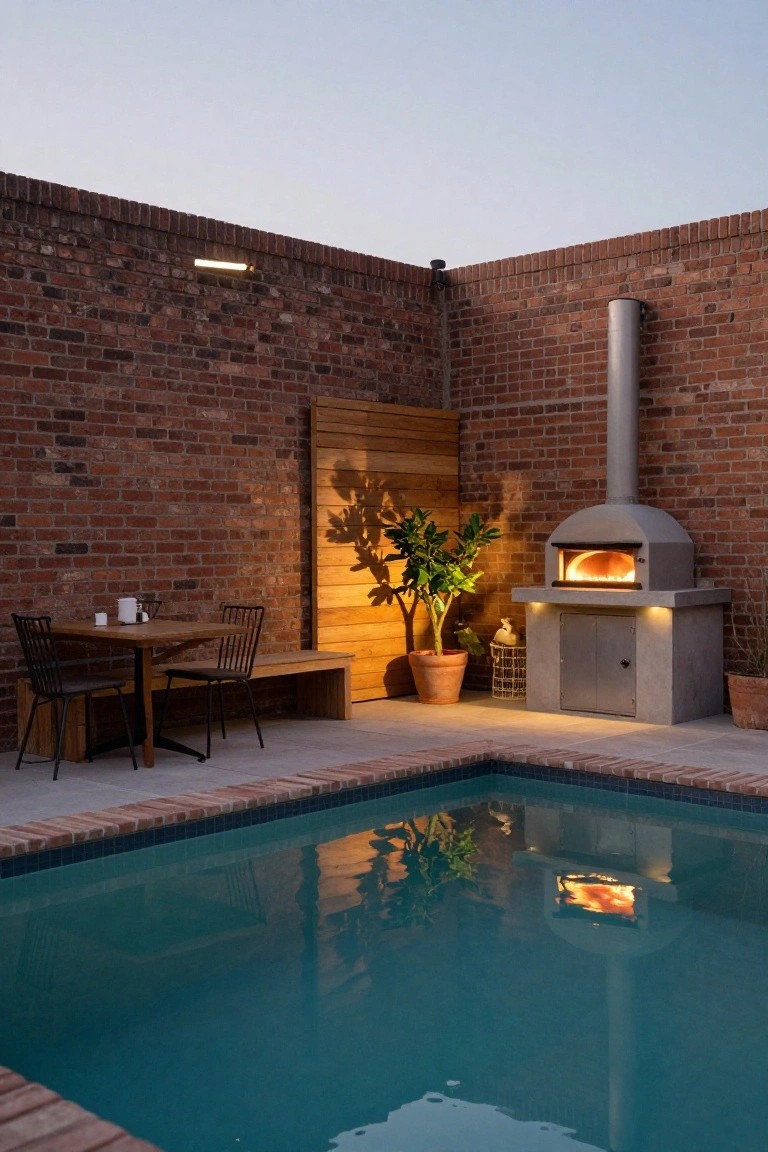 22 Creative Freeform Inground Pool Ideas For Natural Flow Outdoor corner with lit wood-fired pizza oven on concrete base, wooden table with black chairs and bench, potted plants, brick walls, and turquoise freeform inground pool reflecting the oven light at dusk.