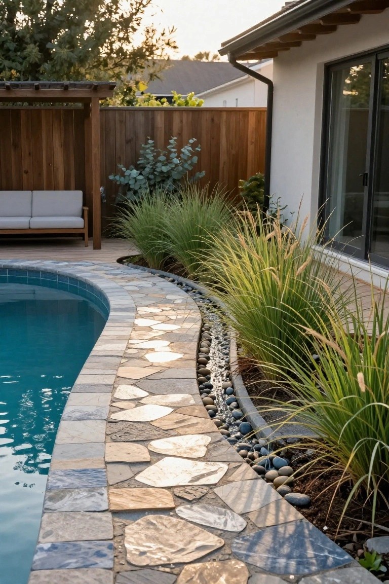 22 Creative Freeform Inground Pool Ideas For Natural Flow Freeform inground pool with curved blue water edged by irregular flagstone stepping stones, black river rocks, and tall ornamental grasses, next to a white house wall and wooden pergola with gray sofa.