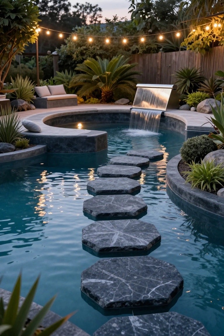 22 Creative Freeform Inground Pool Ideas For Natural Flow Curved freeform inground pool with dark gray hexagonal stepping stones across the turquoise water, surrounded by tropical plants, a metal waterfall feature, string lights overhead, and lounge seating nearby.