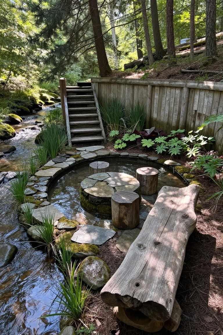 22 Creative Freeform Inground Pool Ideas For Natural Flow A small circular pool lined with flat stones sits beside a flowing stream in a wooded garden, with wooden stools on the pool edge, a log bench nearby, plants like ferns and grasses, and stairs leading down from a fenced deck.